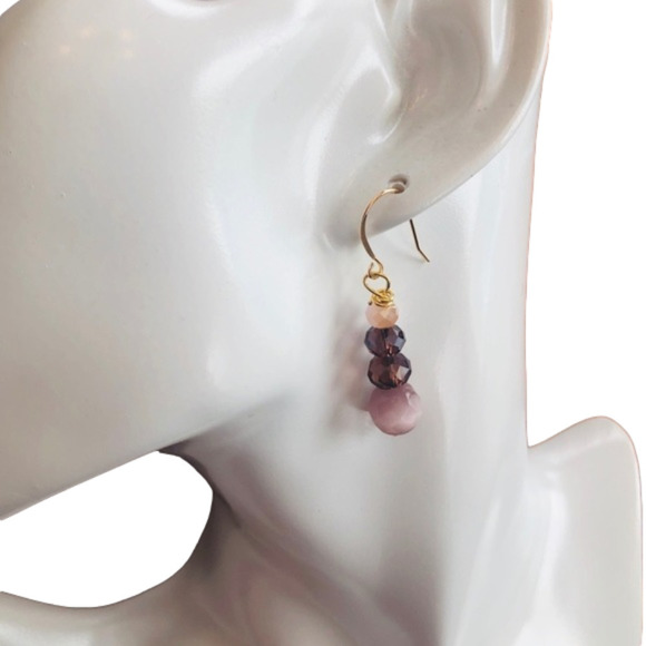 BOHO Indie 14k/Sterling Silver Earrings  Pink Jade, Cats Eye Pink Deep Purple - Picture 4 of 9